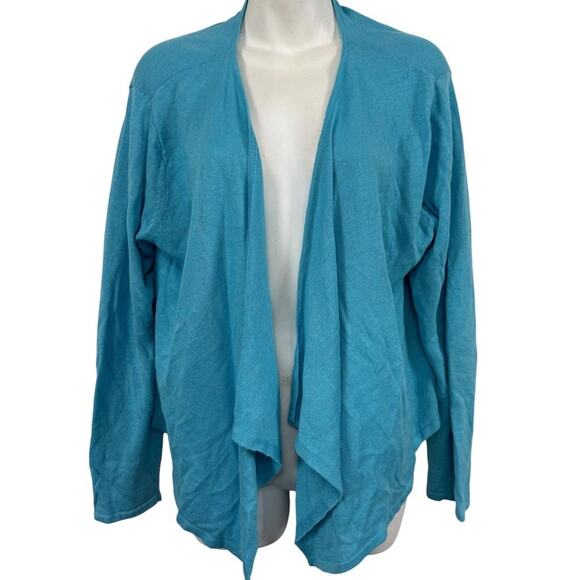 J Jill Womens Linen Cotton Blend Open Blue Cardigan Waterfall Sweater Open sz L - Picture 1 of 16